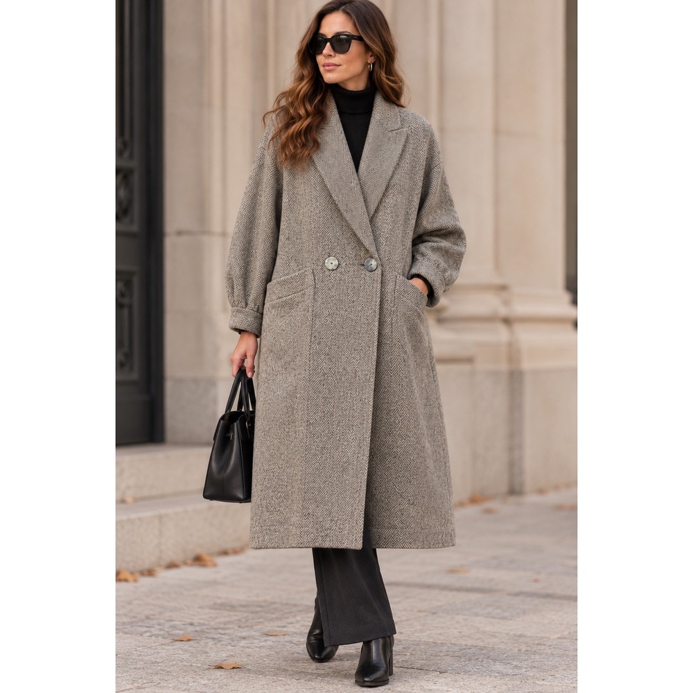 Vintage Wool‎ Herringbone Oversized Long Overcoat Gray Double Breasted Womens L